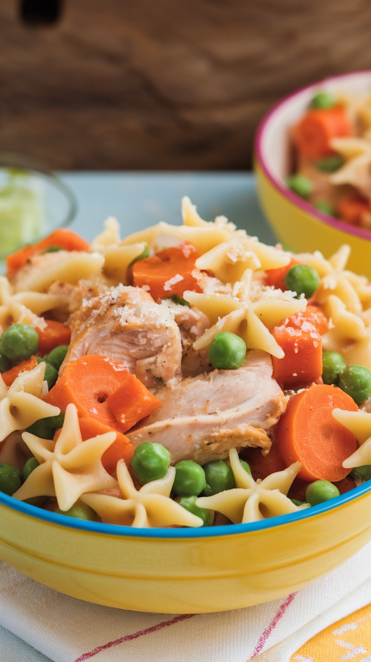 A bowl of slow cooker chicken and star-shaped pasta with carrots and peas, garnished with Parmesan cheese.